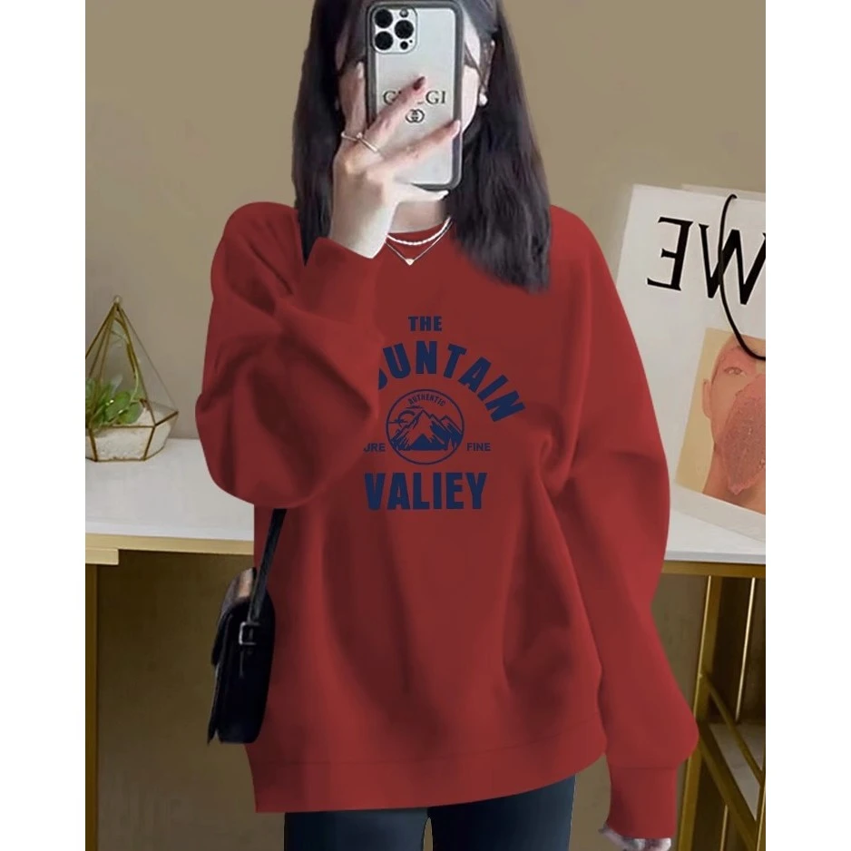 慵懒风圆领卫衣女2025年秋冬新款宽松韩版加绒字母印花上衣外套潮