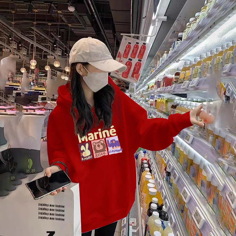 红色卫衣女2025新款爆款秋冬款女士潮牌秋冬加绒加厚冬季连帽外套