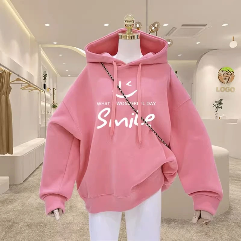 粉色笑脸连帽卫衣女2025秋冬新款宽松慵懒风加绒百搭中长款上衣潮