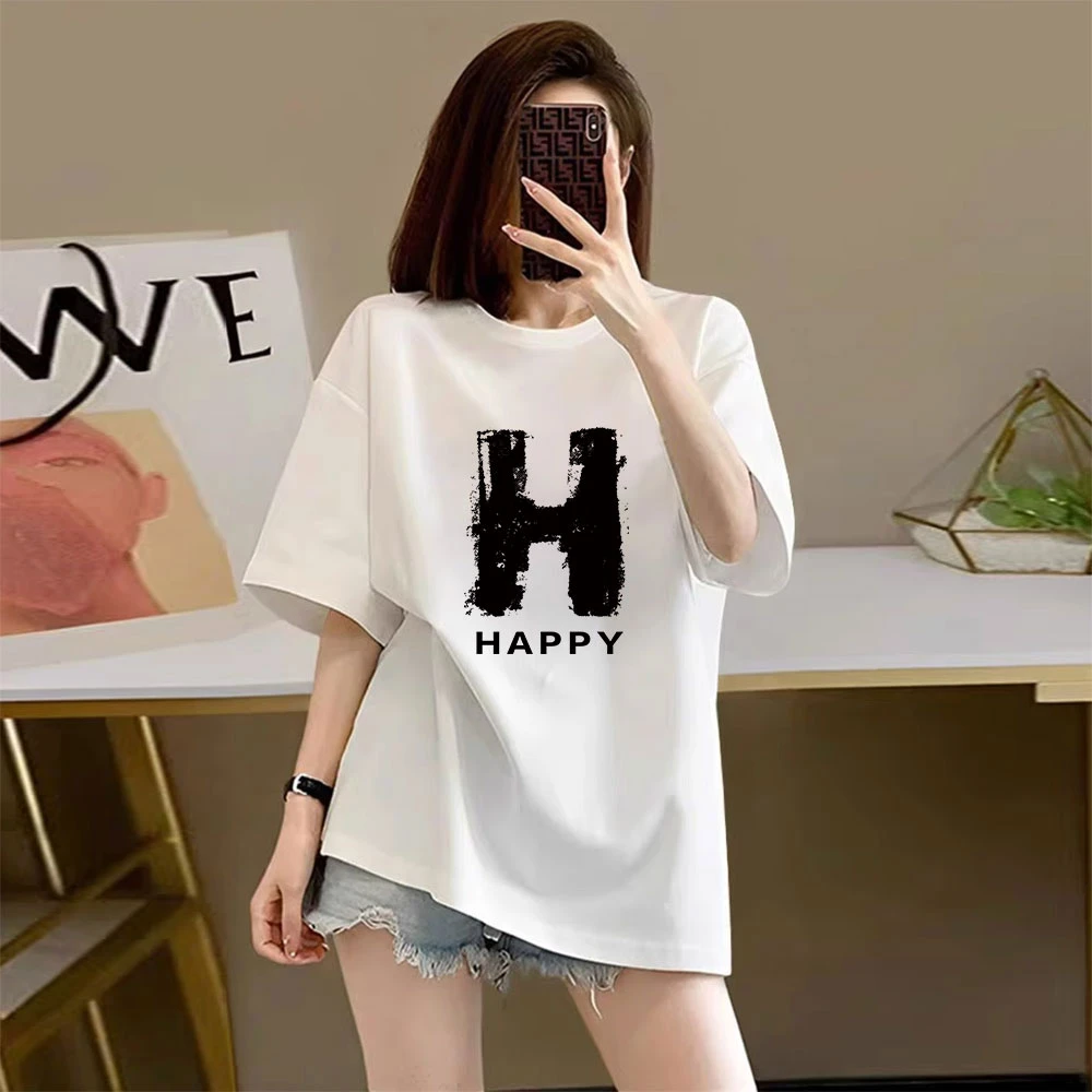 大码女装白色字母短袖t恤女中长款夏季2025新款宽松遮肚纯棉上衣