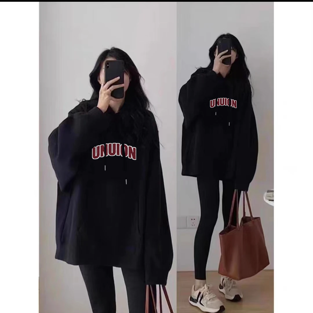 连帽卫衣女秋冬2025美式复古高级感黑色加绒加厚宽松慵懒风外套潮