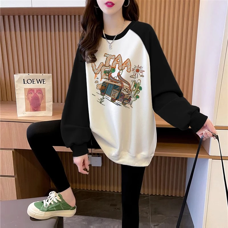 大码胖mm卡通卫衣女遮肚2025春秋新款宽松拼接撞色插肩袖薄款外套