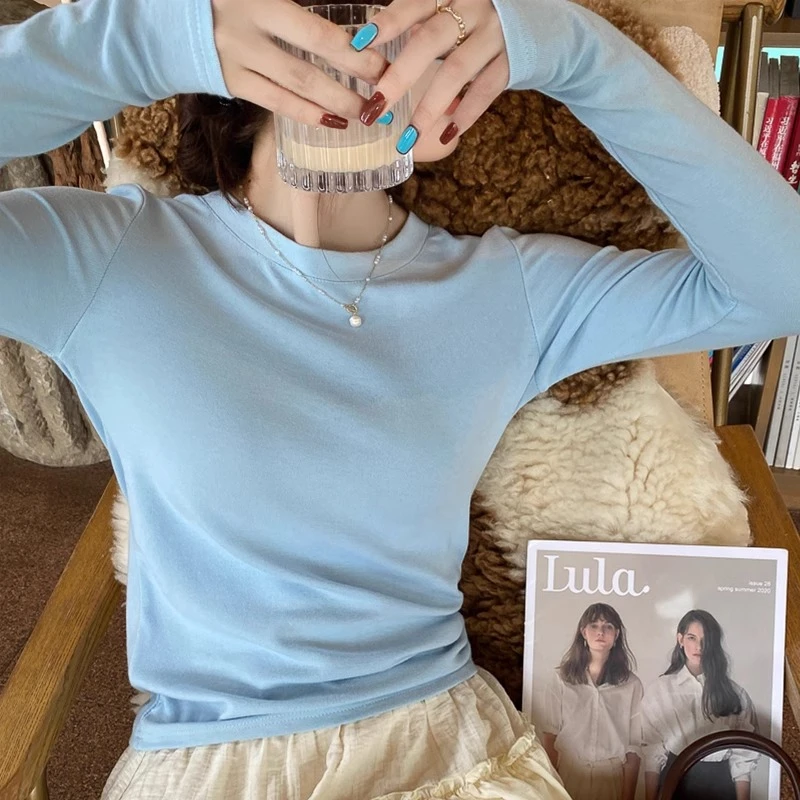2025春秋季新款蓝色长袖T恤女修身百搭圆领打底衫内搭显瘦上衣