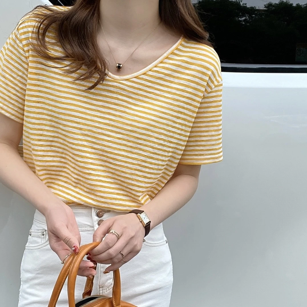 薄款v领条纹t恤女短袖夏季2025年新款独特宽松棉休闲上衣百搭