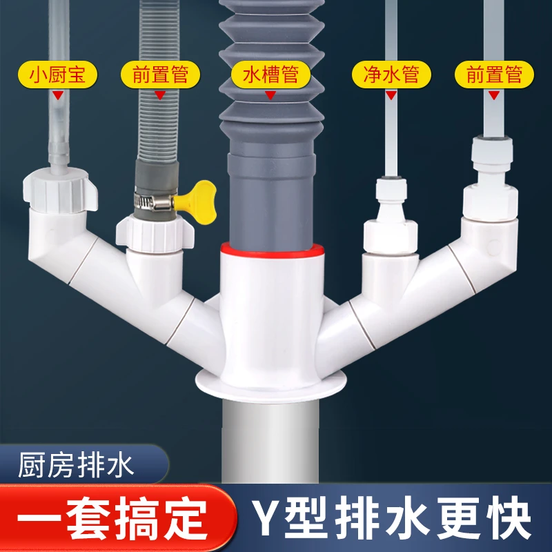 厨房下水三通分流器净水器洗碗机小厨宝过滤器排水防臭50/75通用