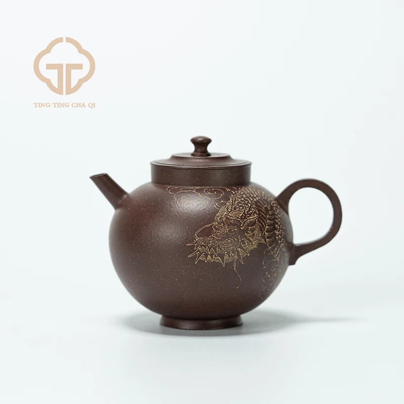 陈洁制查越刻 汉韵（刻龙）表层老紫泥 200cc 紫砂壶
