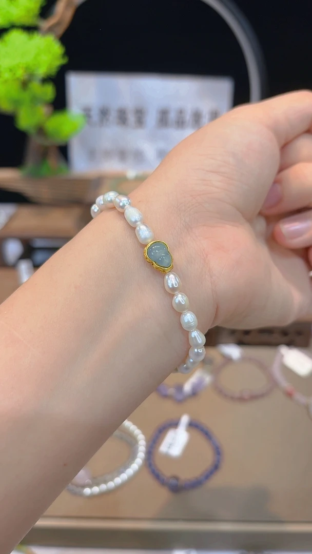 单圈天然淡水珍珠搭蓝翡葫芦配件手串Y3931