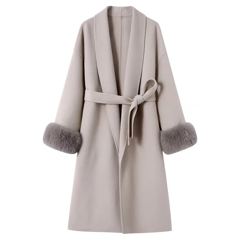 100%绵羊毛  秋冬气质毛呢外套女 长款时尚百搭真狐狸毛大衣