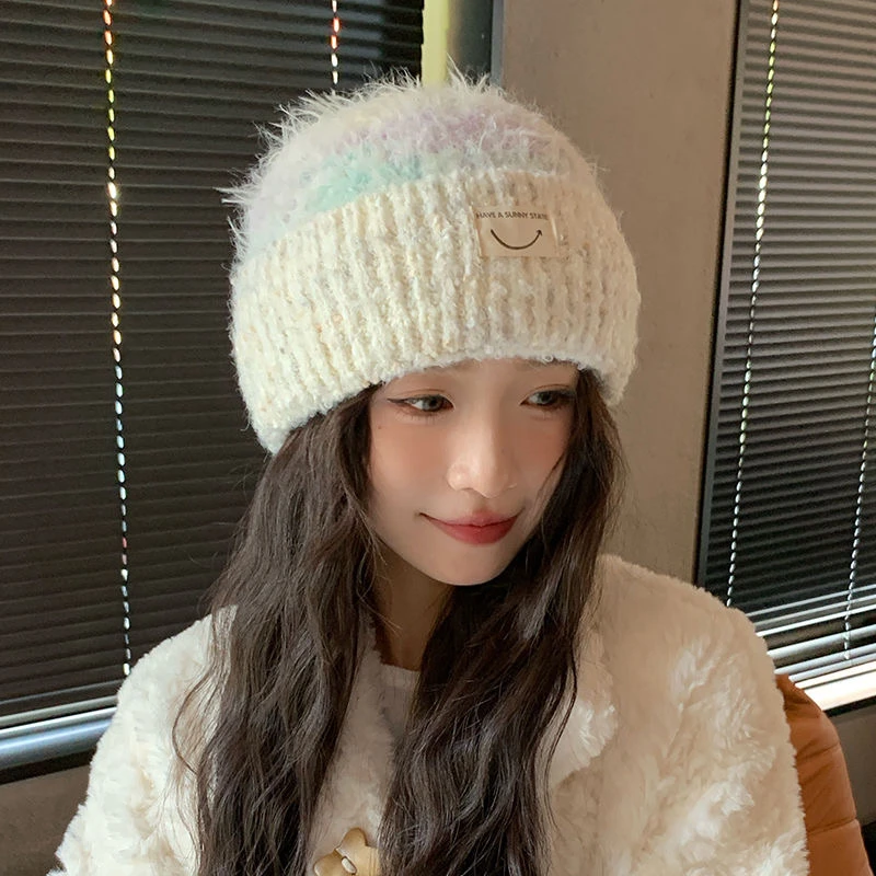 渐变蓝仿海马毛毛帽子针织时尚百搭女士韩版秋冬冬季加厚保暖帽