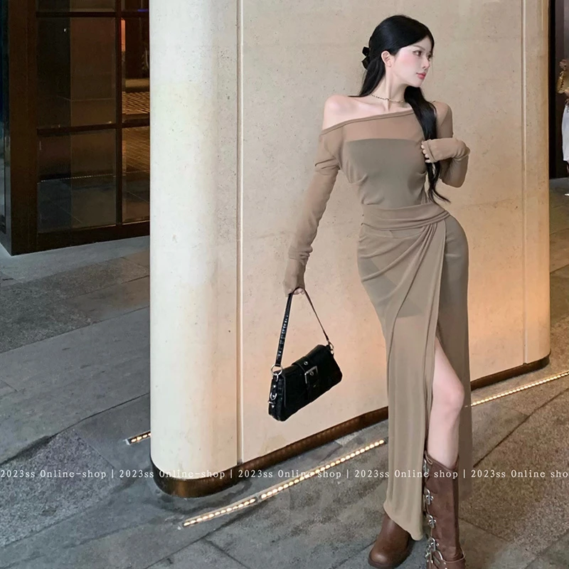 2023性感纯欲露肩长袖连衣裙辣妹收腰开叉包臀长裙+黑色内搭短裙
