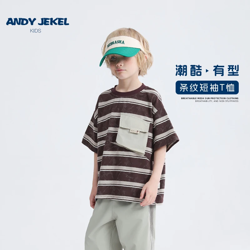 安迪杰克尔男童短袖T恤儿童夏季新款半袖条纹复古学院范体恤上衣