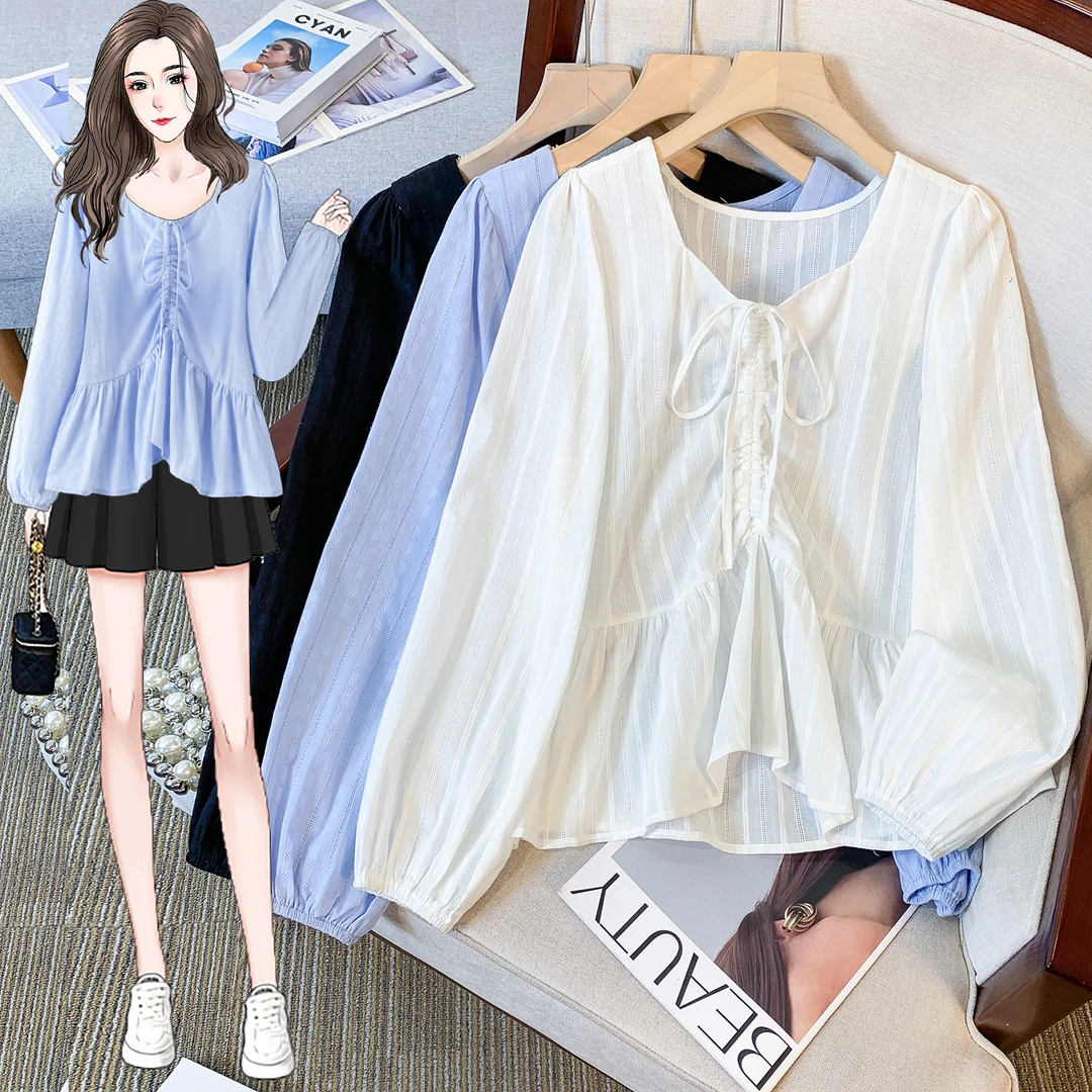 法式泡泡袖大码抽绳v领显瘦防晒衬衫女遮肚子镂空休闲上衣66216#