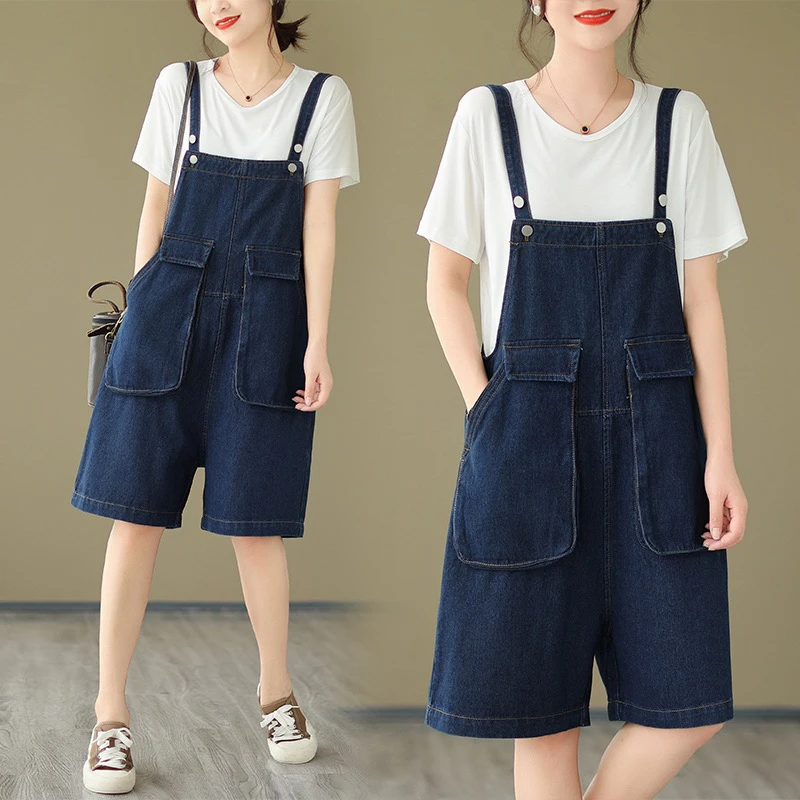 减龄牛仔背带裤女夏季宽松大码工装大口袋吊带连体裤阔腿五分裤
