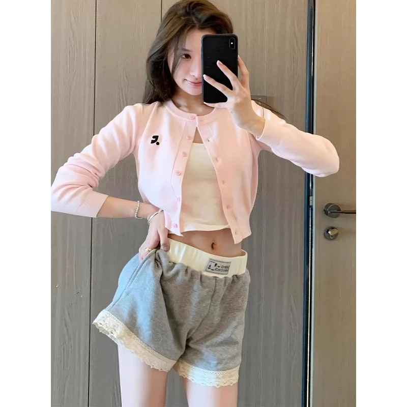 2024秋季新款韩国东大门刺绣小标短款针织外套纯色收腰小众开衫女