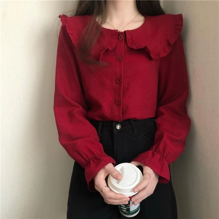 黛熙娃娃领衬衫女灯芯绒宽松韩版长袖纯色网红很仙衬衣2023春甜美