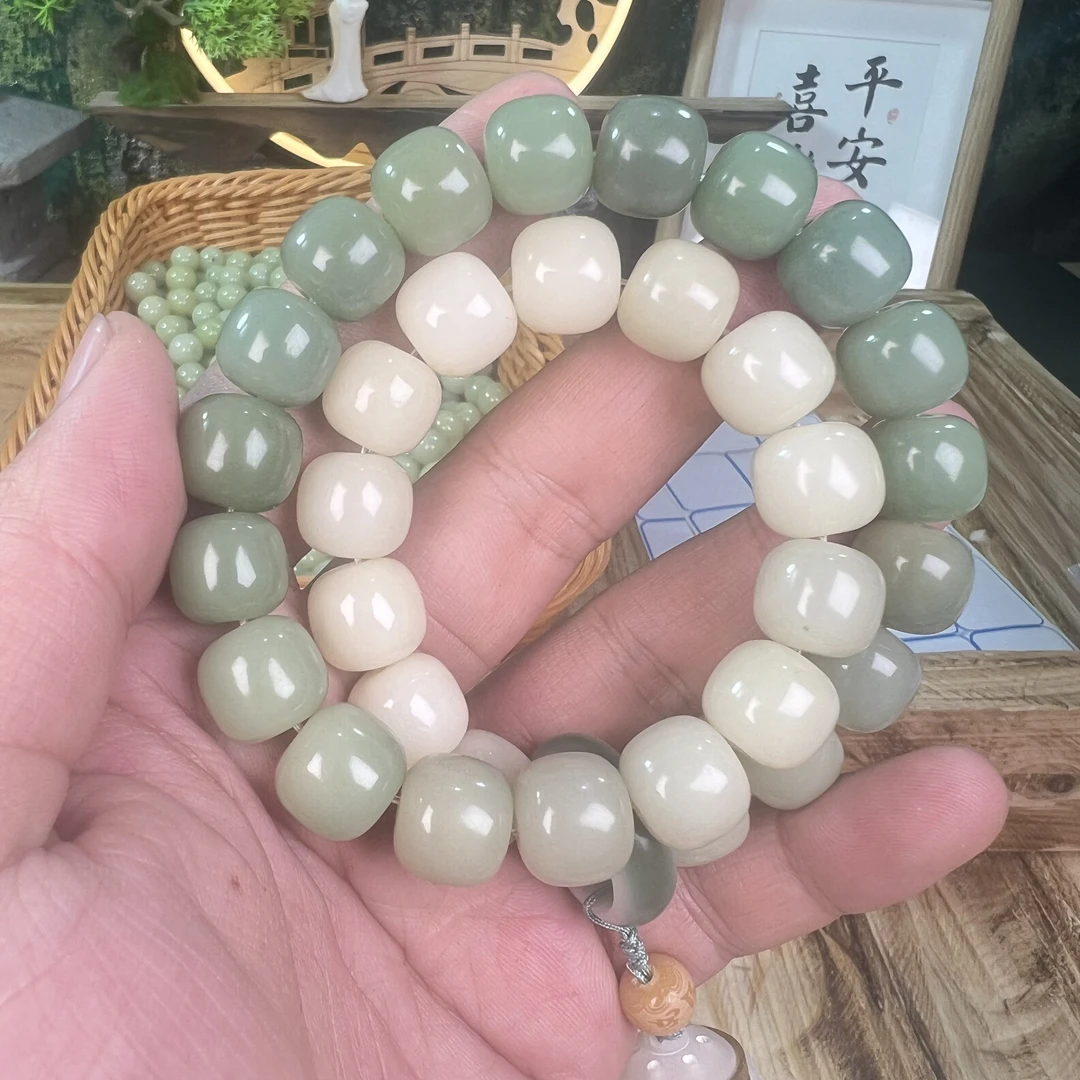 【年底大促】抹茶 13mm桶珠菩提渐变阴皮嫩籽散珠DIY