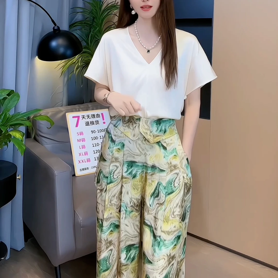 【米熙儿】凉凉裤——宽松休闲松紧腰印花阔腿休闲裤K024