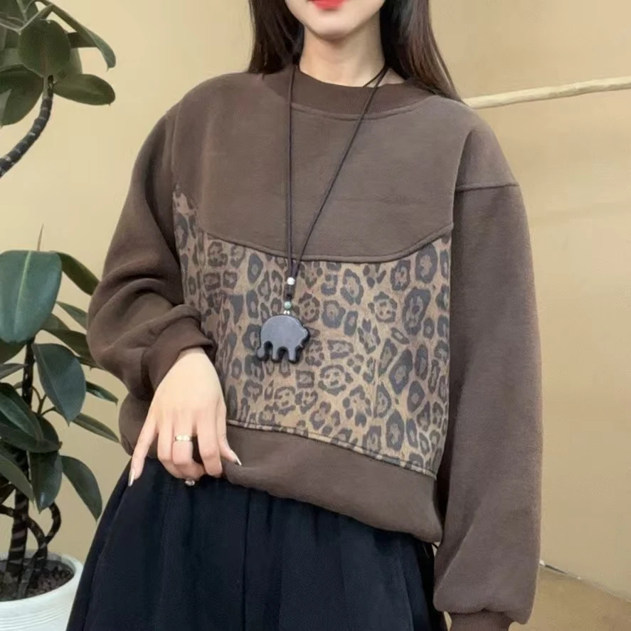 秋冬新款加绒加厚豹纹拼接洋气百搭显瘦卫衣