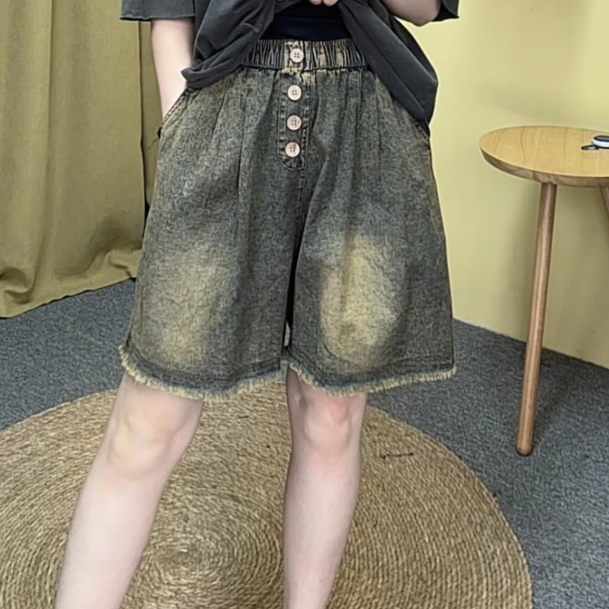 夏季水洗做旧牛仔短裤直筒高腰显瘦休闲百搭松紧腰宽松阔腿时尚