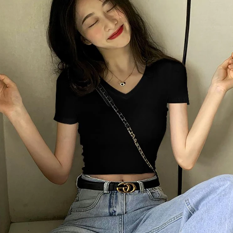 露脐短袖恤女夏季2024新款设计感小个子百搭高腰短款上衣修身纯色