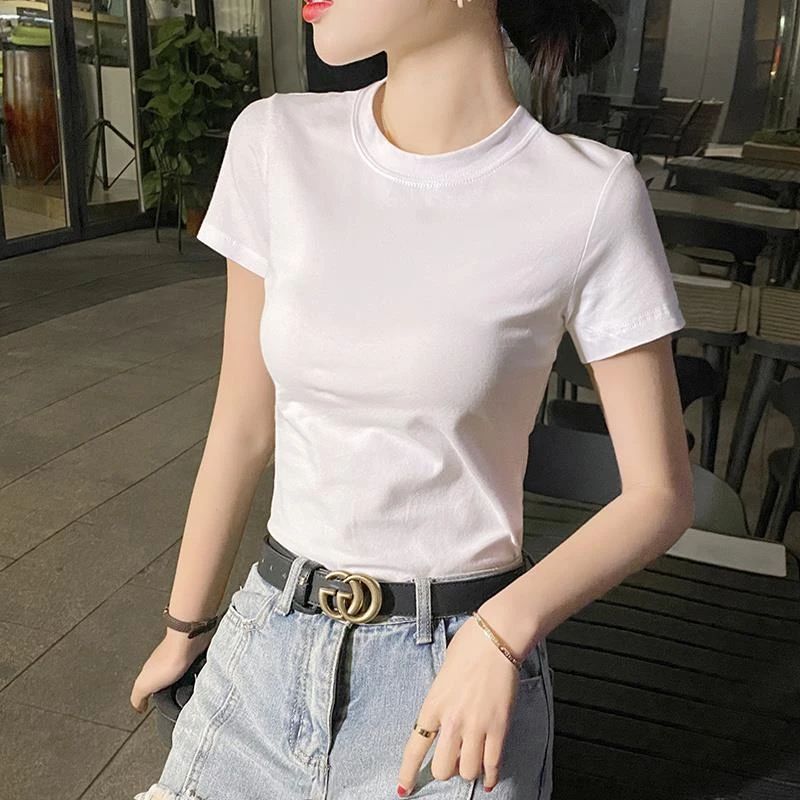 正肩短袖恤女2024夏季新款小个子修身显瘦百搭打底恤上衣纯色韩版