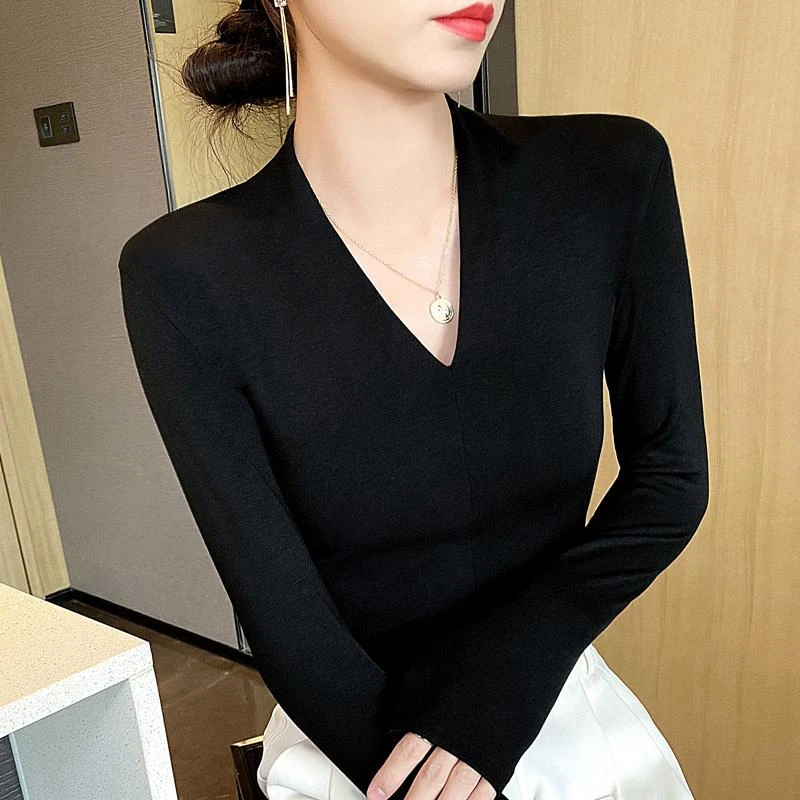 螺纹黑色V领恤女长袖 春秋新款修身洋气弹力内搭时尚百搭打底衫潮