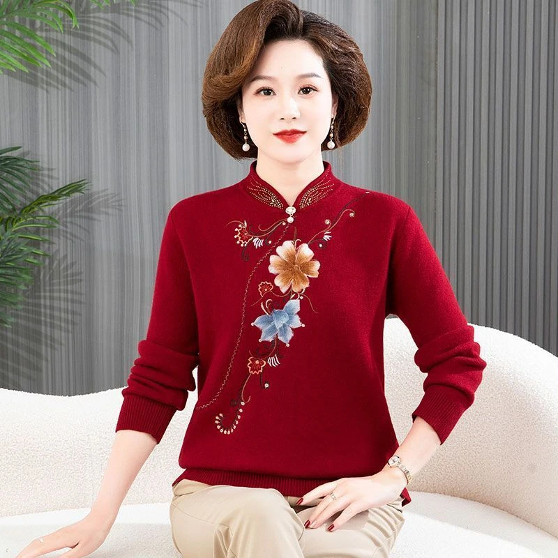 妈妈装加绒加厚打底衫秋冬季宽松洋气毛衣中老年女中国风保暖毛衣