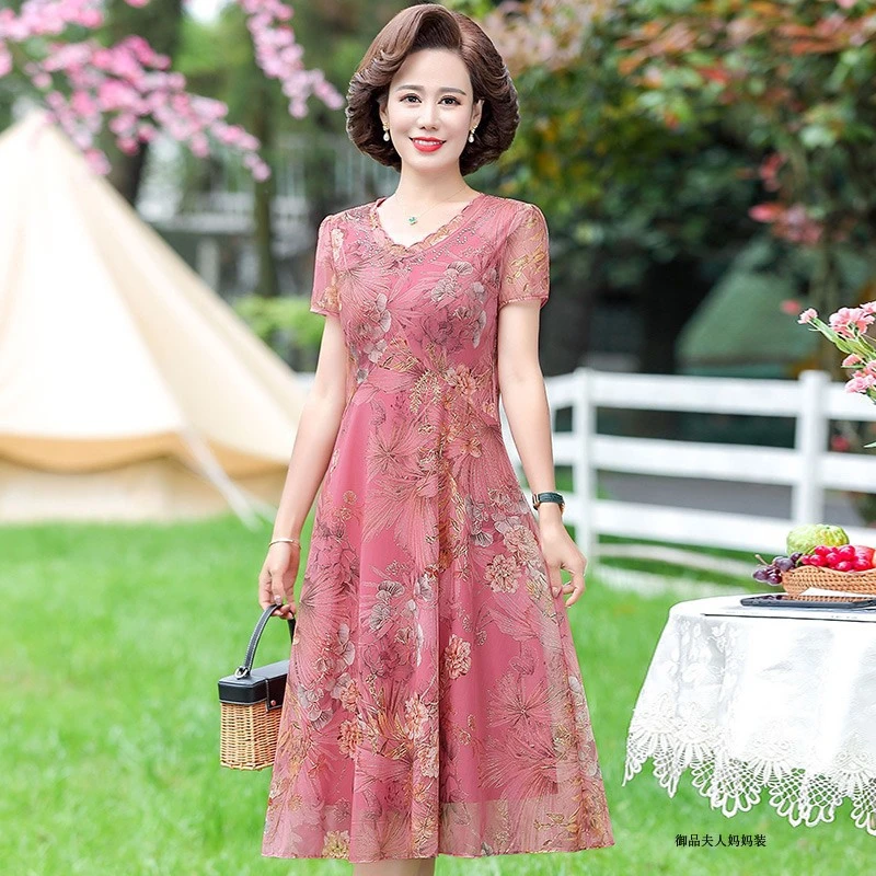 中年妈妈夏装时尚气质连衣裙2023春夏夏季4050岁女士宽松网纱裙子