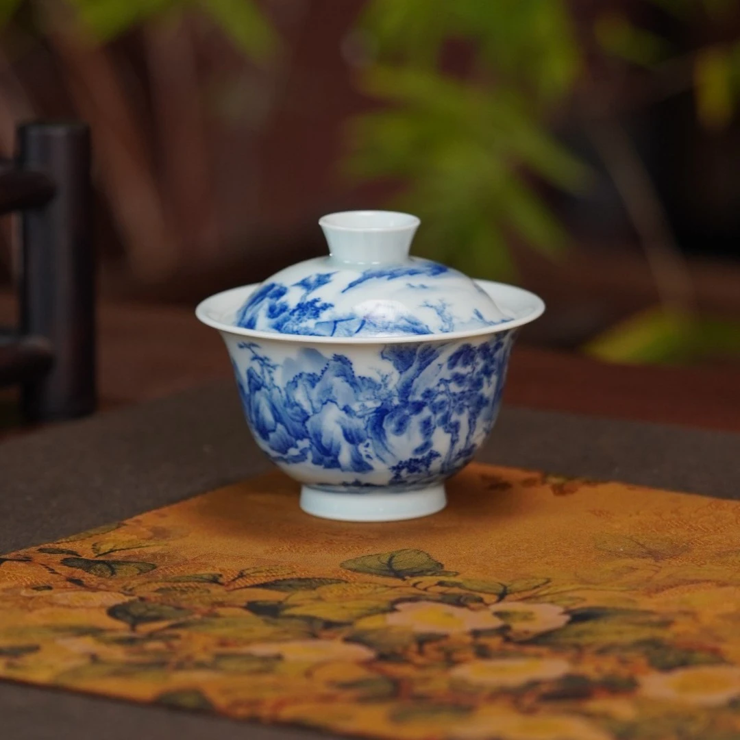 禄意窑青花宋画山水景德镇纯手工主人杯瓷盖碗茶具陶瓷釉下彩