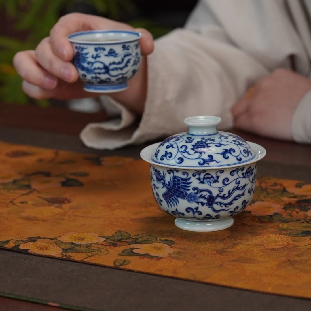 禄意窑青花凤凰缠枝小元宝盖碗圆融杯景德镇手工手绘陶瓷茶具