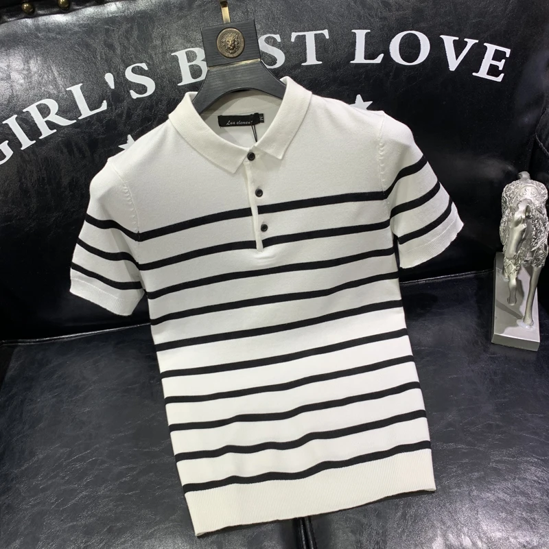 高品质男装韩版休闲男士短袖POLO衫针织衫条纹冰丝T恤撞色半截袖