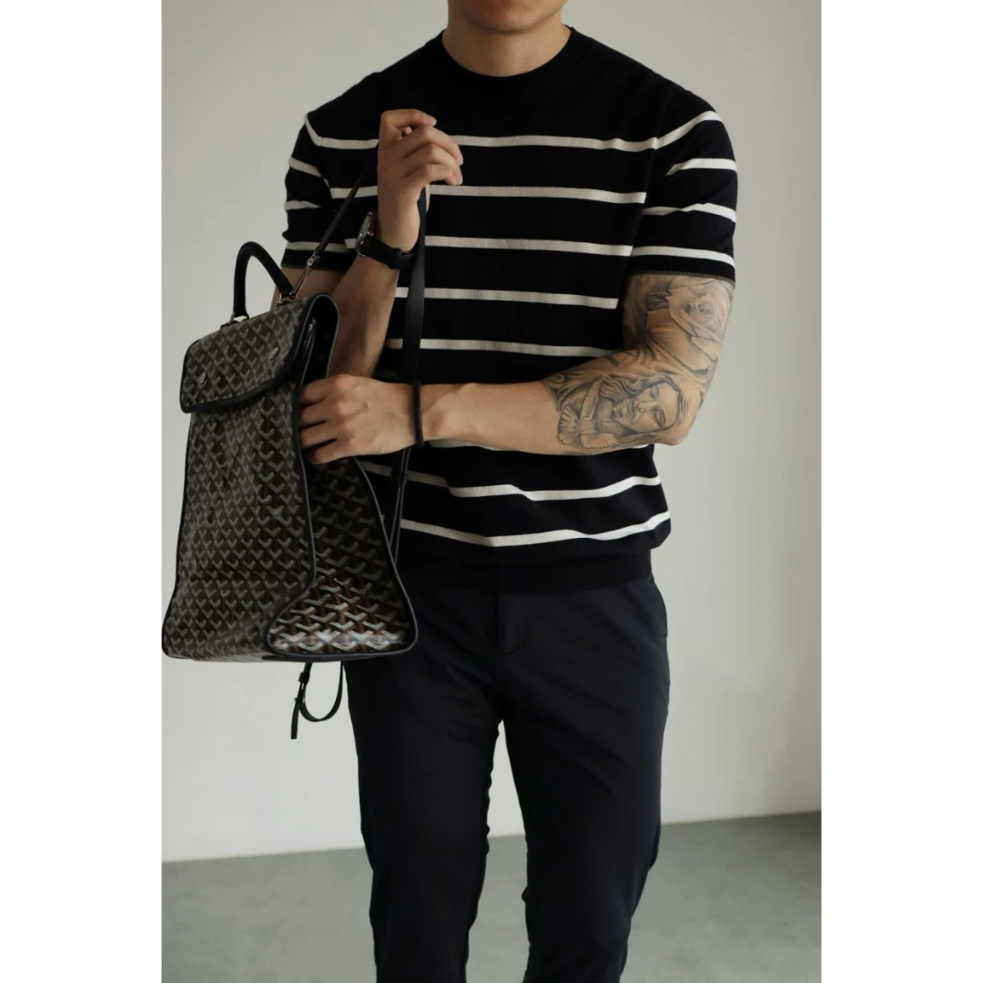 14针条纹百搭针织短袖T恤美式复古男士修身半袖圆领纯色春夏季