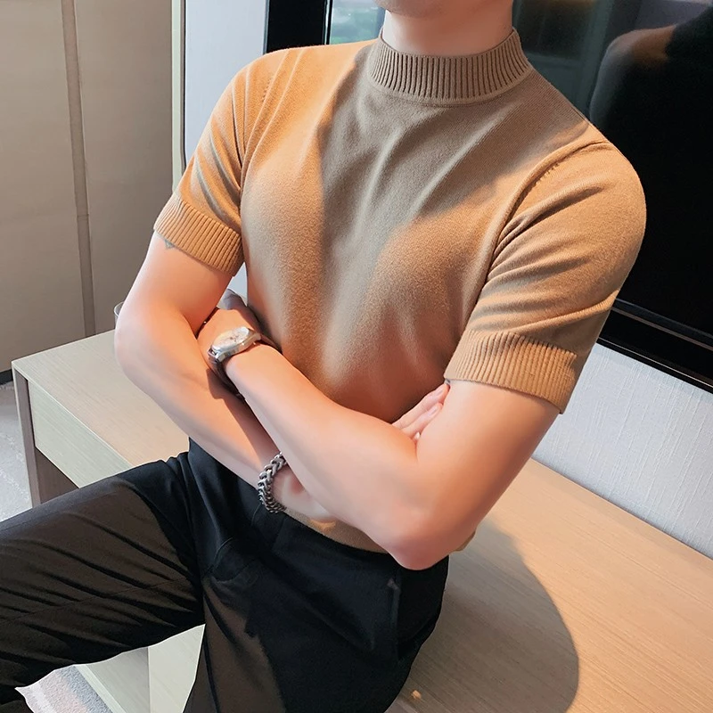 半高领短袖t恤男士2025新款高级感毛衣针织衫中领男款内搭打底衫