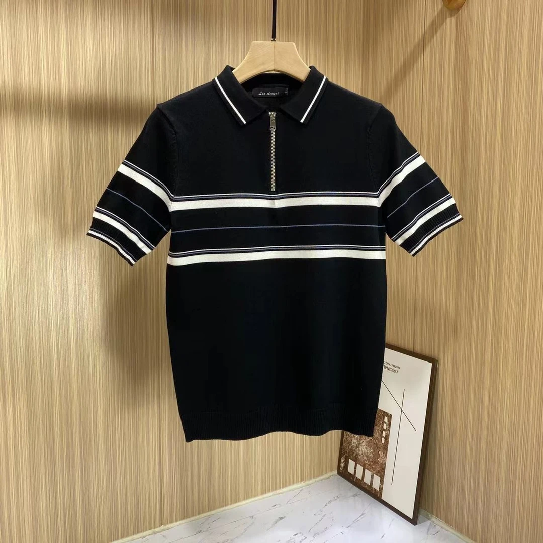 潮男新春夏拼色条纹拉链翻领POLO上衣英伦轻奢男士针织修身保罗衫