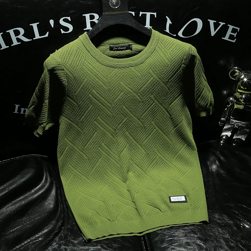 休闲百搭圆领纯色针织T恤男夏季新款韩版简短袖男士半袖冰丝t恤