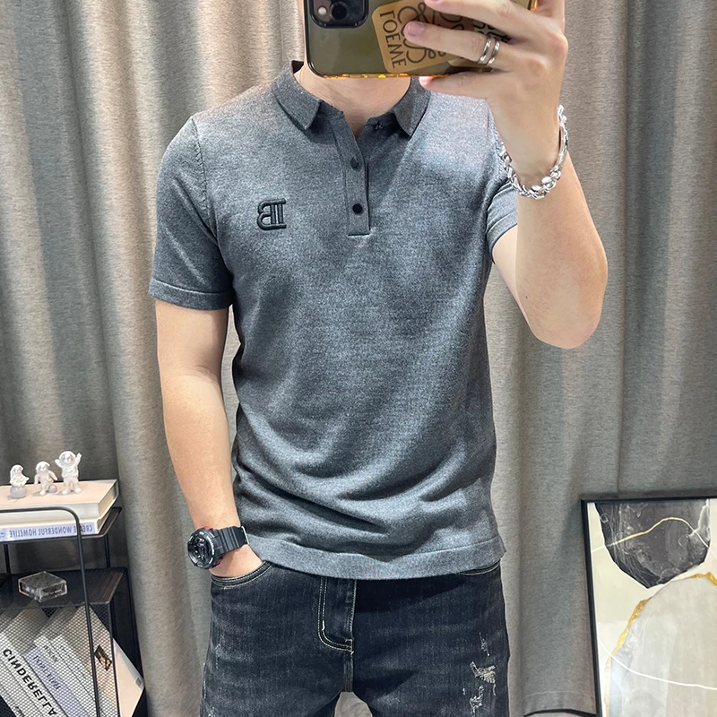 翻领休闲针织衫男修身半袖针织polo衫字母刺绣修身有领毛衣半袖潮