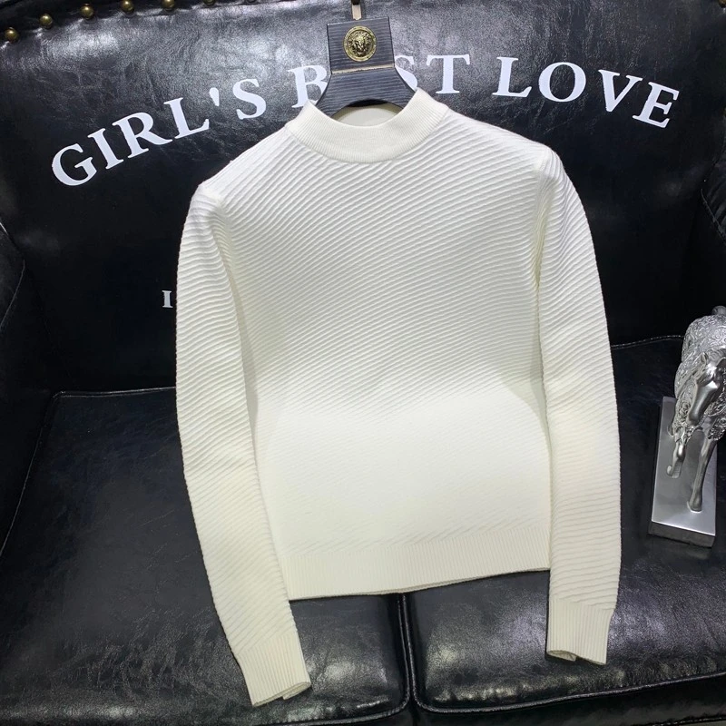 半高领纯色提花针织打底衫男冬季新款时尚潮流修身百搭长袖毛衣帅