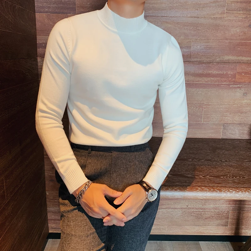 秋冬季男士纯色半高领针织打底衫青年修身时尚百搭长袖中领毛衣男