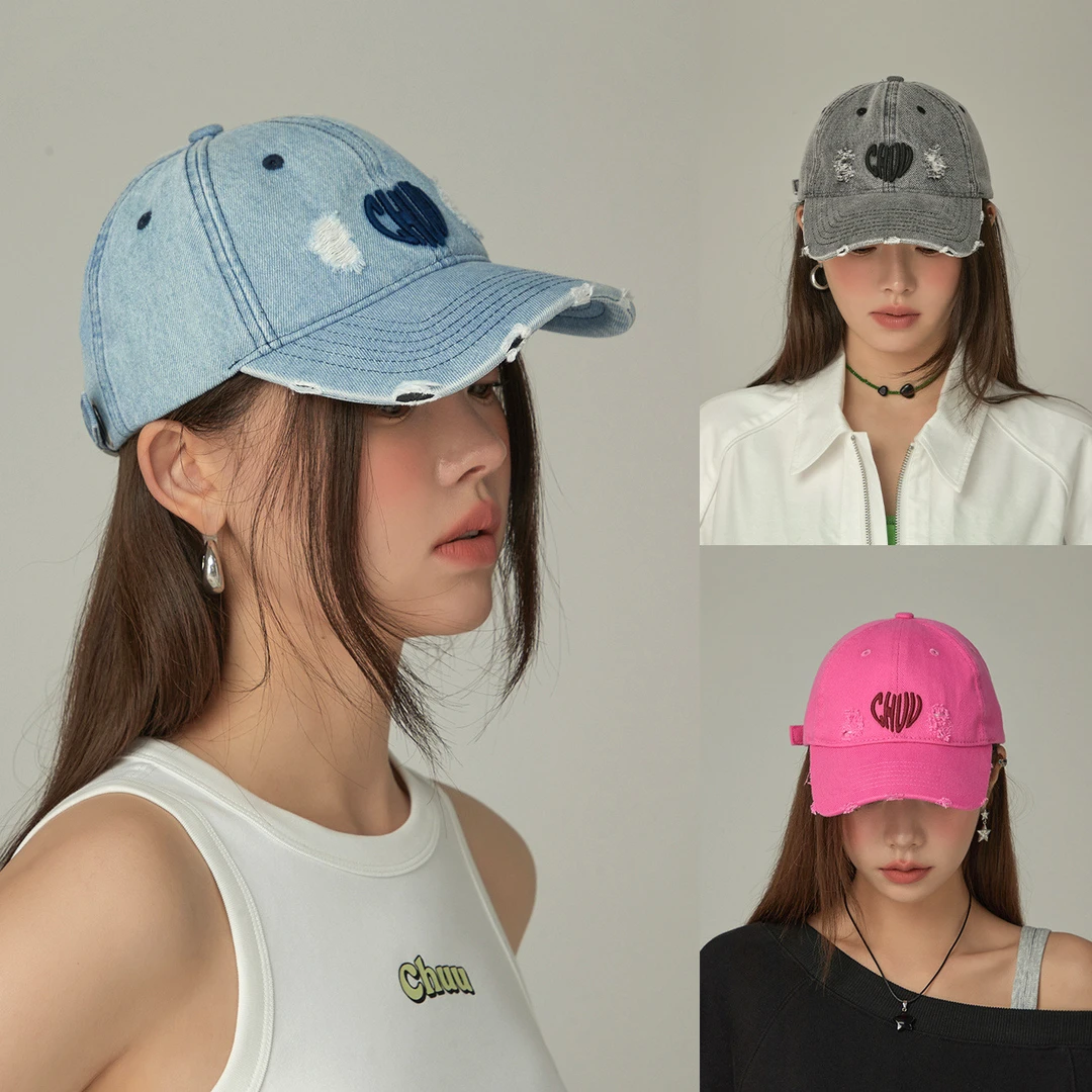 CHUU秋季水洗女装爱心刺绣帽子复古做旧休闲破洞棒球帽百搭鸭舌帽