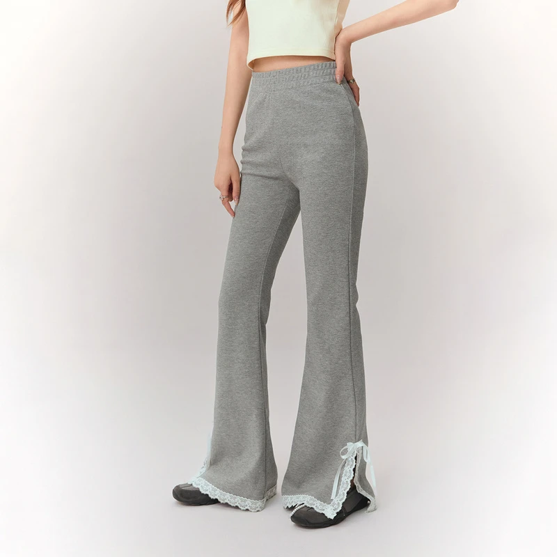 CHUU秋季女装高腰微喇设计百搭拼接开叉蝴蝶结显瘦休闲裤