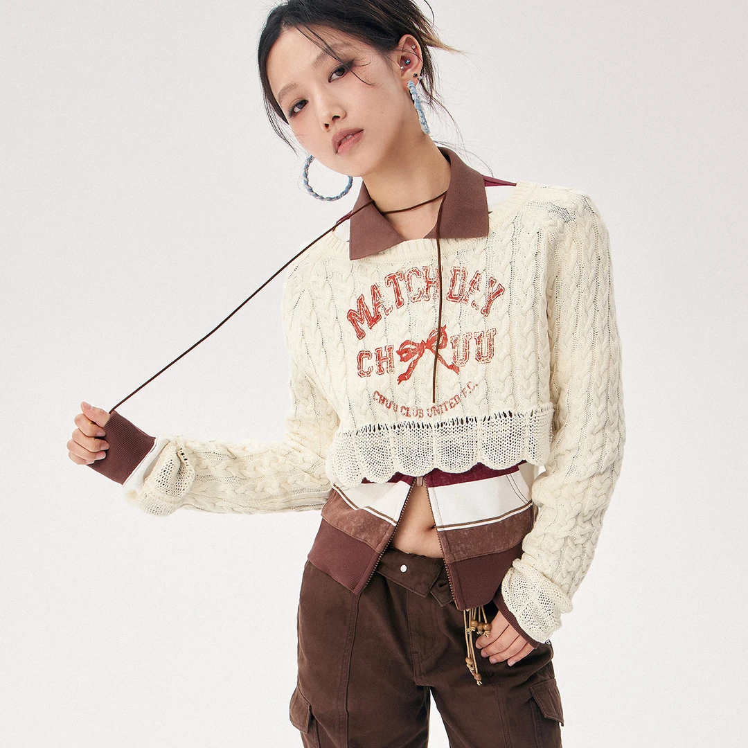 CHUU秋季女装新品字母蝴蝶印花设计短款修身荷叶边百搭针织衫