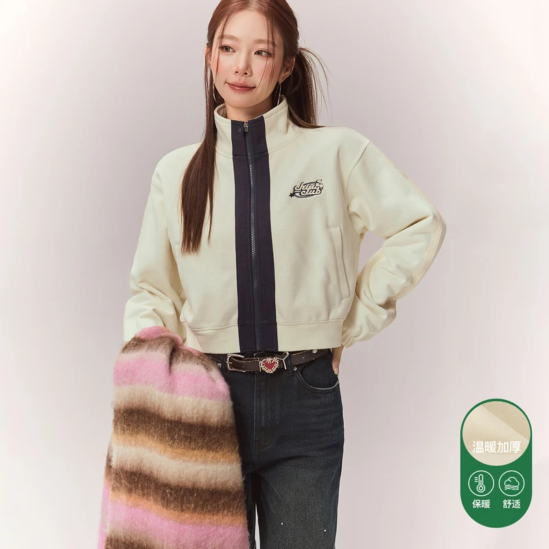 CHUU秋冬女装字母刺绣设计拉链式穿搭长袖百搭个性卫衣外套
