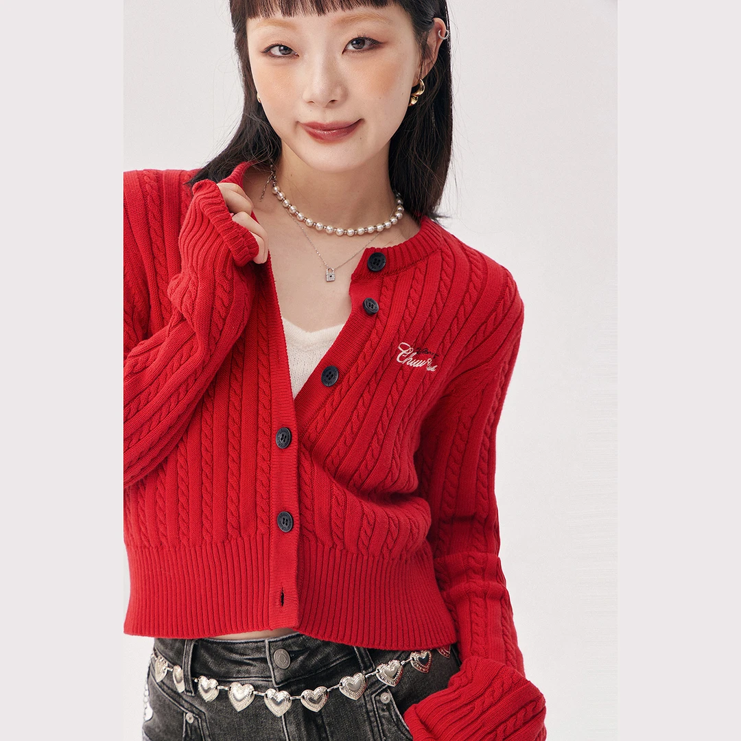 CHUU商场同款新品字母蝴蝶结刺绣设计圆领长袖休闲针织开衫