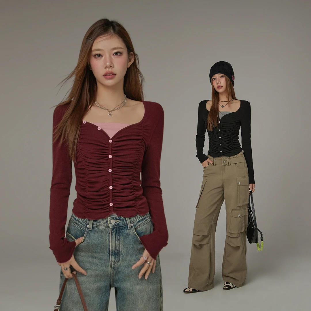 CHUU冬季女装假两件设计褶皱设计小众设计感百搭T恤