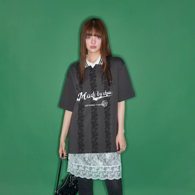 CHUU秋季女装圆领字母蝴蝶设计学院风显瘦撞色百搭宽松个性T恤