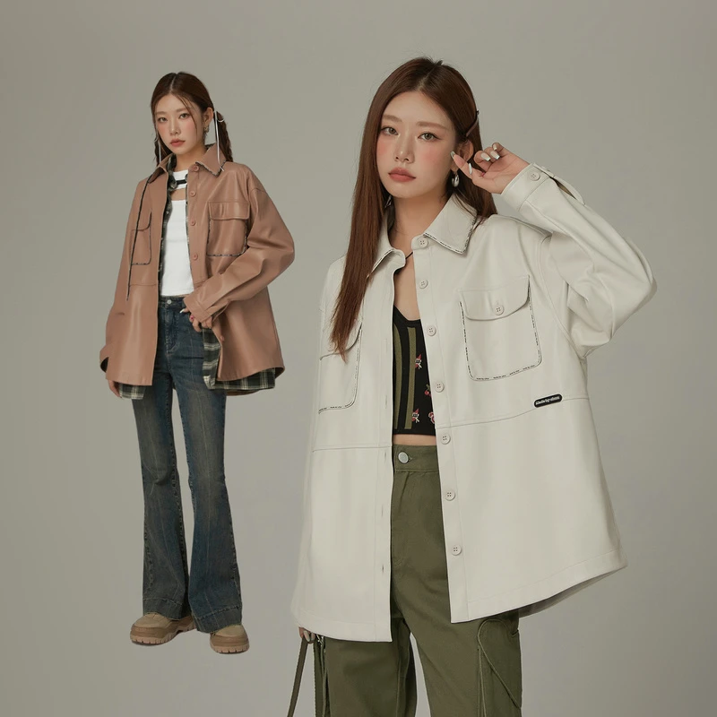 CHUU秋季女装撞色拼接PU设计宽松工装风百搭个性皮衣