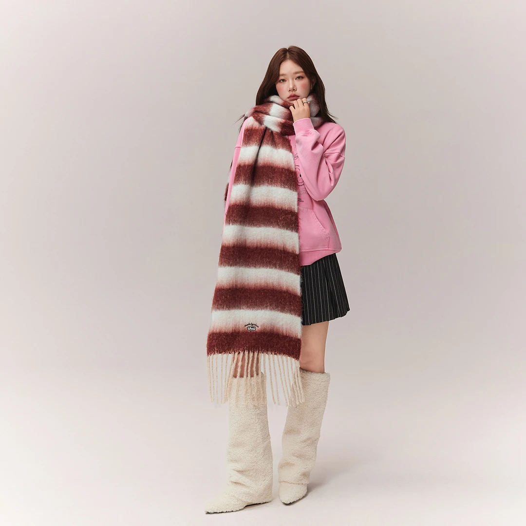 CHUU冬季女装条纹流苏设计撞色保暖披肩个性条纹宽松披肩围巾