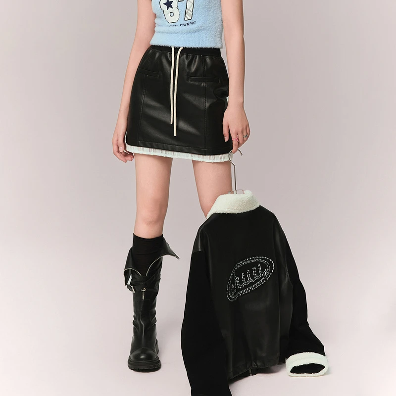 CHUU冬季女装蕾丝拼接设计仿PU皮A字辣妹穿搭显瘦半身裙