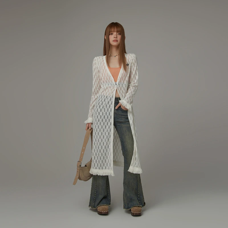 CHUU夏季女装镂空破洞设计毛边流苏民族风显瘦个性宽松雪纺衫