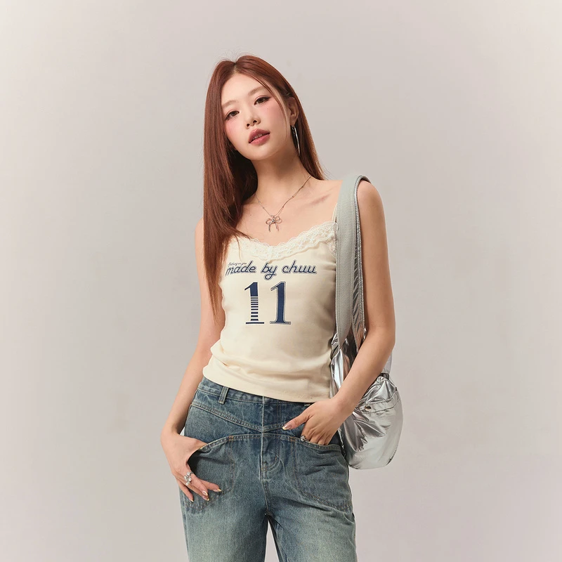 CHUU春季女装蕾丝拼接设计感字母无袖辣妹百搭显瘦修身背心吊带